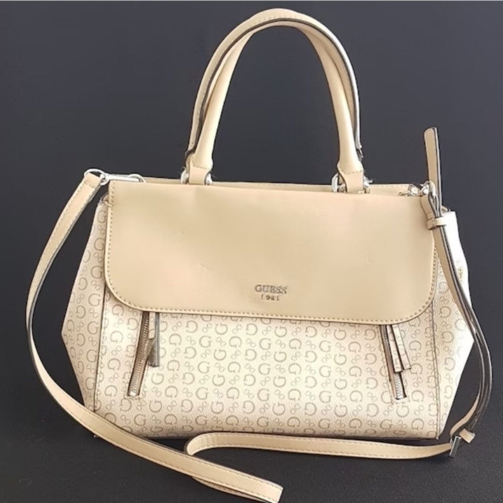GUESS Rhett Beige Top Handle Monogram Satchel Shoulder Strap GUESS 1981 Logo